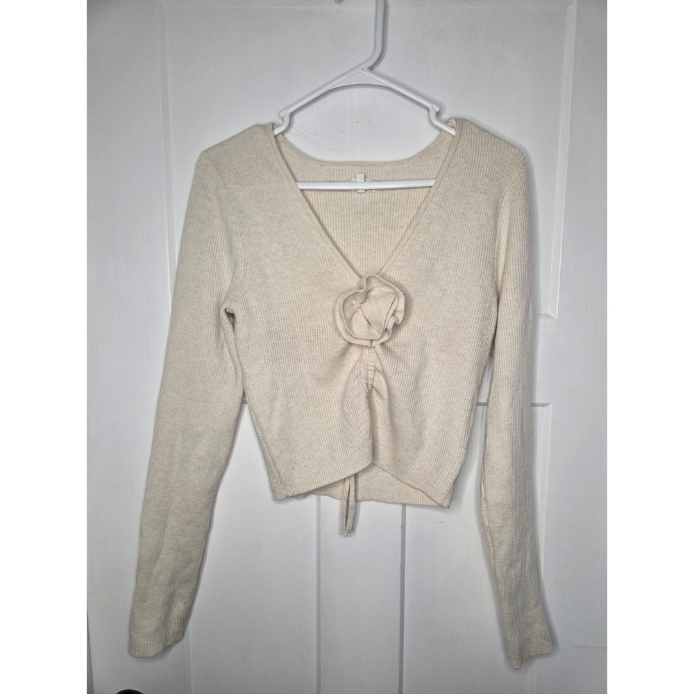 Aerie Ribbed Long Sleeve Rosette V-Neck Cropped‎ Top Cream Oatmeal Large